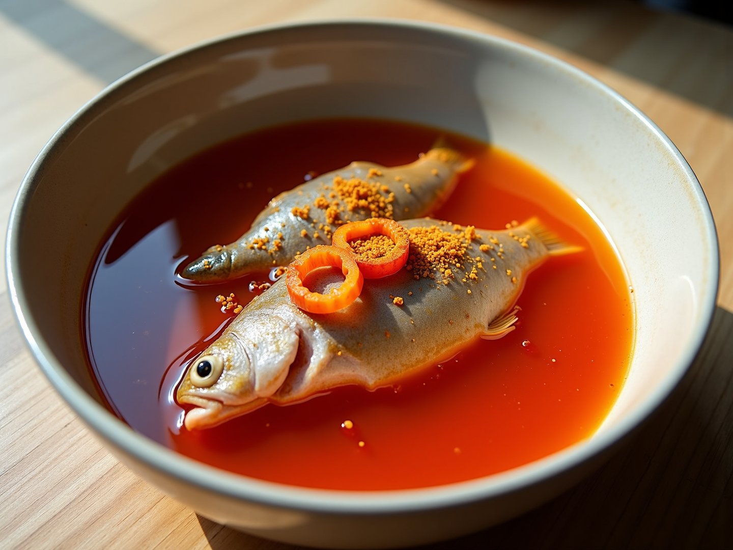 Authentic Hungarian halaszle - fisherman's soup - photographed for a cookbook cover. A deep, glossy red-orange paprika broth fills a matte off-white ceramic bowl. The broth is slig