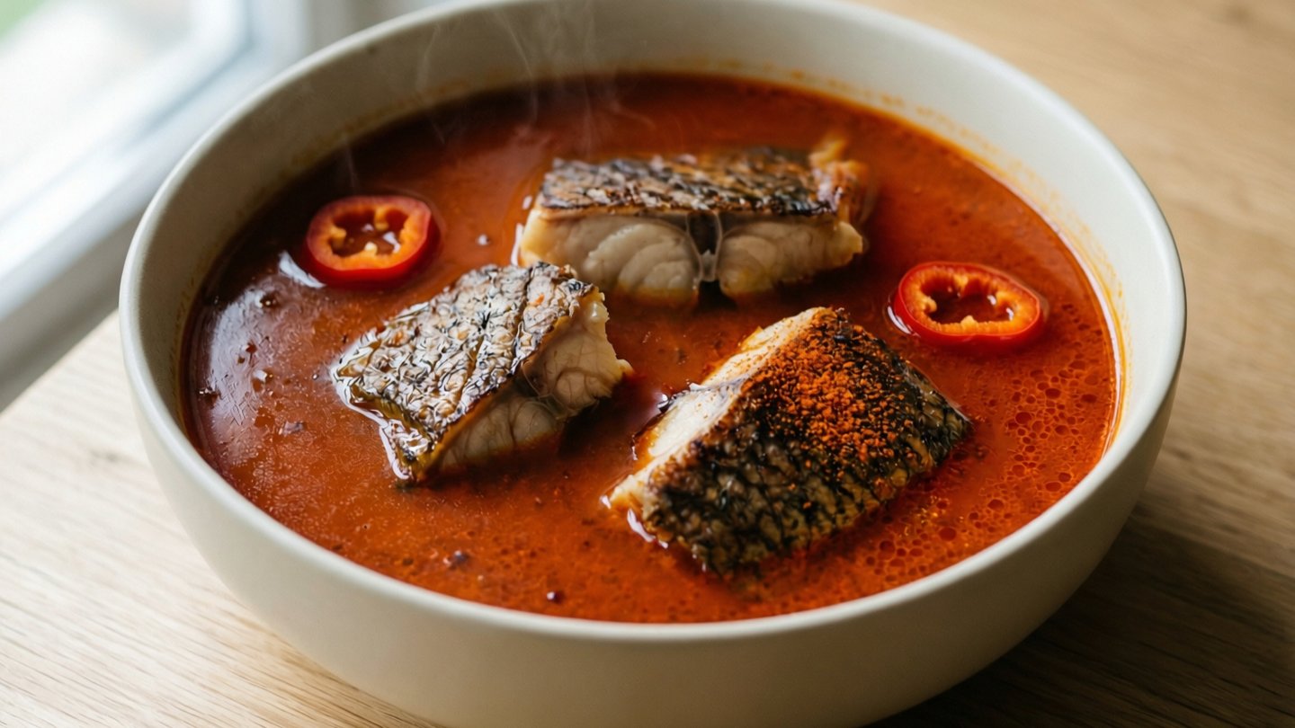 Authentic Hungarian halaszle - fisherman's soup - photographed for a cookbook cover. A deep, glossy red-orange paprika broth fills a matte off-white ceramic bowl. The broth is slig